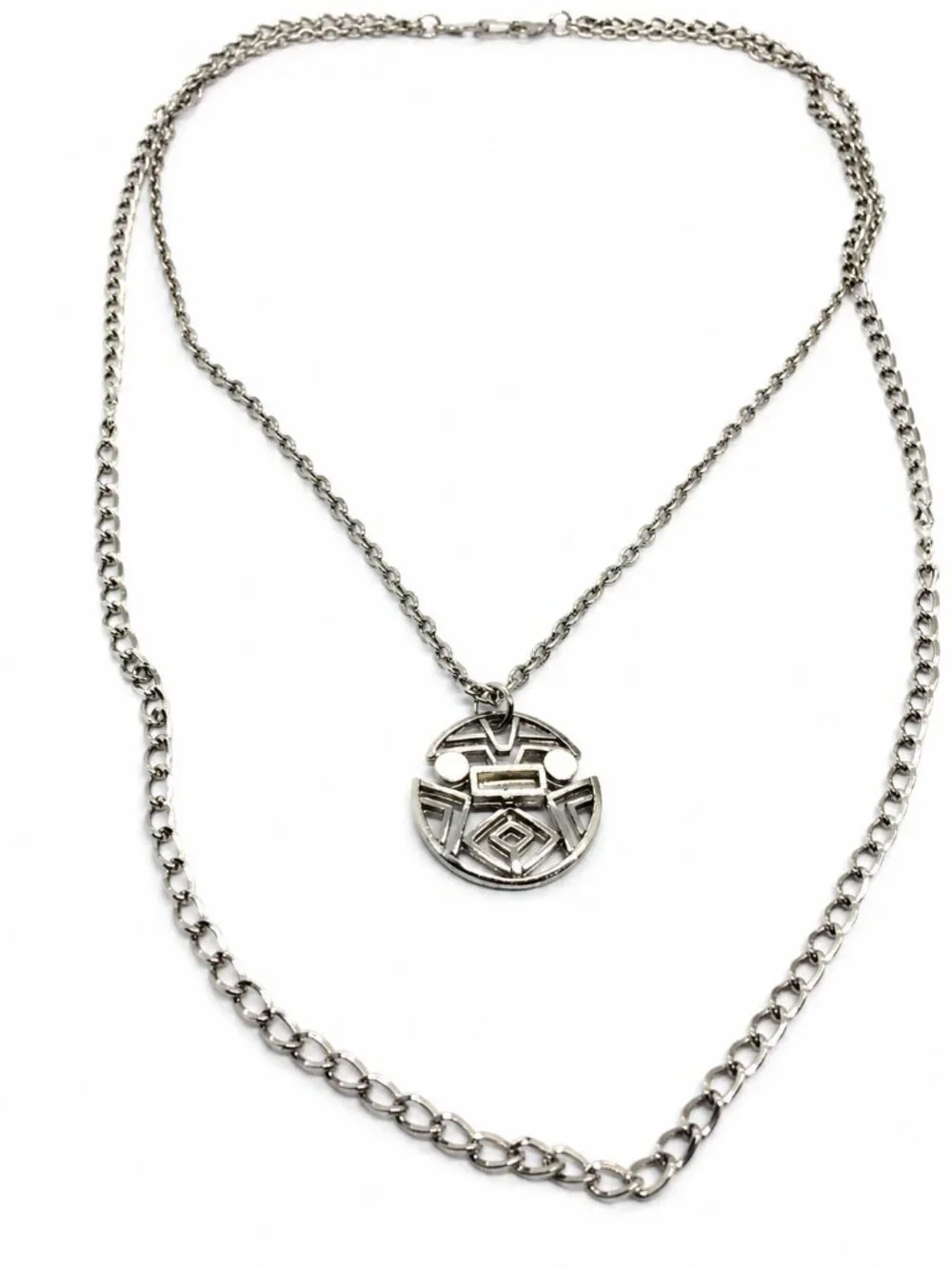 VINTAGE SILVER TONE Necklace Abstract Medallion Layered Chain Geometric